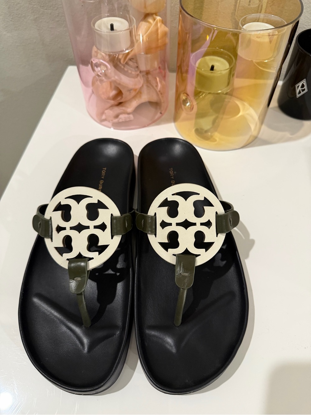 Tory Burch Black Footbed Olive Straps White Logo Thong Sandals